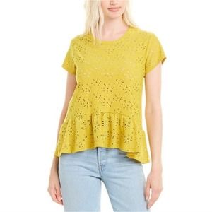 Nanette Lepore Yellow Peplum Eyelet Blouse Top